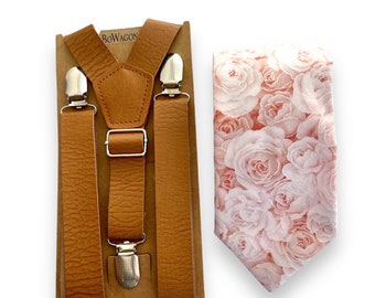 Blush Pink Rose Flowers Bow Tie and Tan Leather Suspenders. Groomsmen Floral Bow Tie. Floral Necktie.