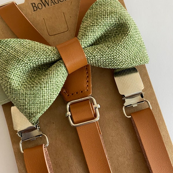 Olive Burlap Bow tie/ Sage Burlap  Bow tie and Vintage Brown PU Leather Suspenders. Two Piece Set. Kids/Adults