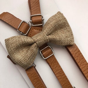 Cream Burlap Bow Tie Vintage Tan Leather Skinny Suspenders and Cream Burlap Bow Tie Set/ Two Piece Set. Kids/Adults