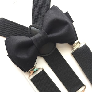 Kids Black Cotton Bowtie/Suspenders set. Classic Black Bow Tie and Elastic Suspenders