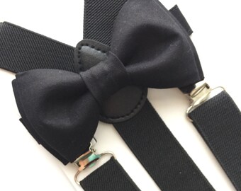 Kids Black Cotton Bowtie/Suspenders set. Classic Black Bow Tie and Elastic Suspenders