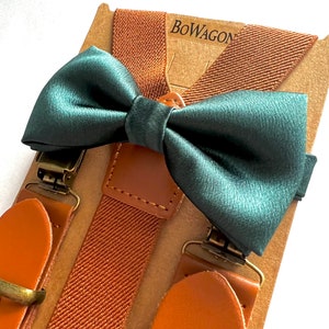 Brown Elastic Suspenders and Dark Green Satin Bow Tie Set Groomsman/ Ring Bearer 1 inch Kids/Adults. Juniper Green Bow Tie.