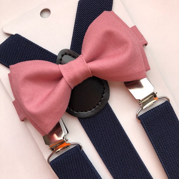 Dark Rose Bow Tie and Navy Blue Suspenders m/ Two Piece Set. Dasty Rose Bow tie. Kids/Adults