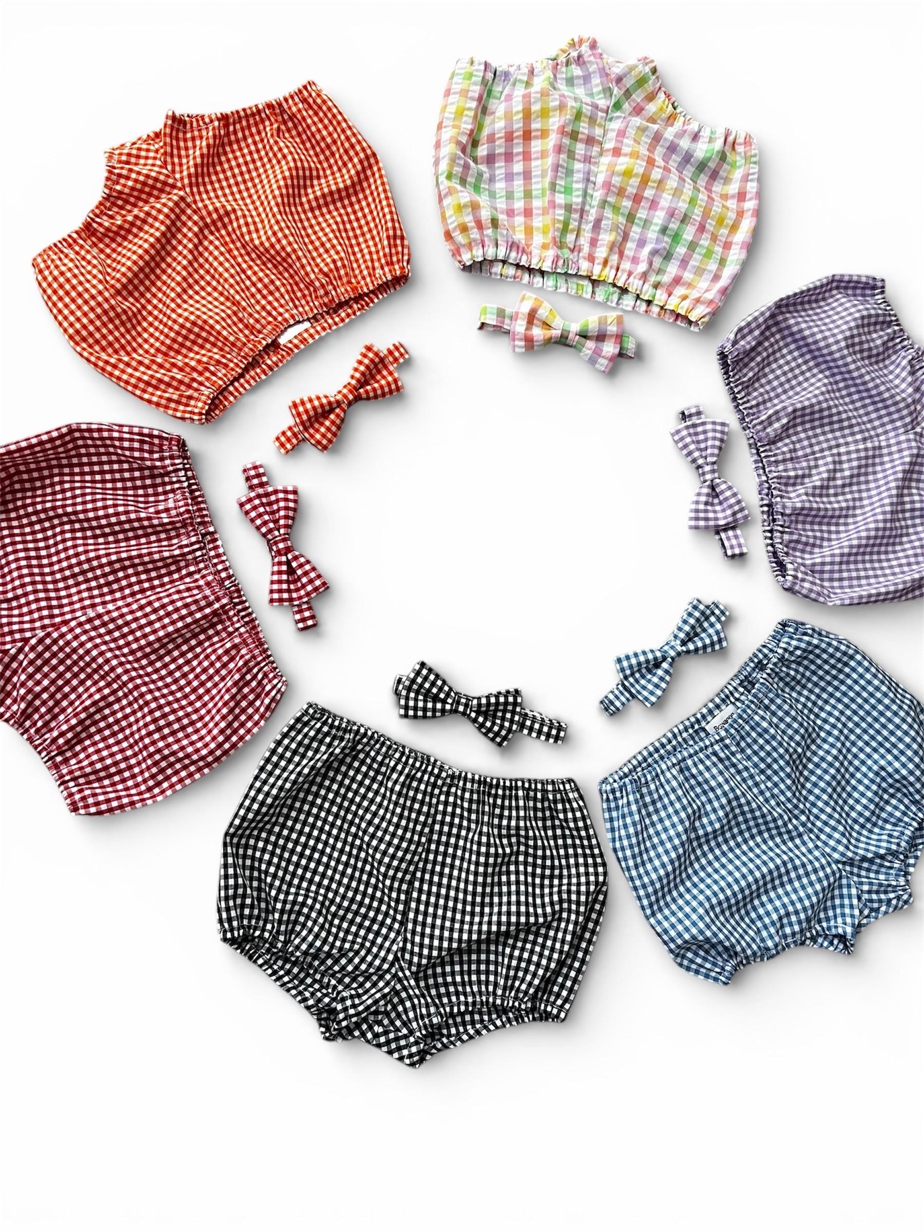 Baby Seersucker Plaid Pants and bow tie. Multicolored Baby Cake Smash Bloomers and matching bow tie.