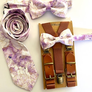 Lilac Spring Flowers Bow Tie Cognac Elastic Suspenders Set, Purple Flowers Bow Tie, Bow Tie, Brown Buckle Suspenders, Wedding Suspenders