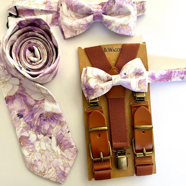 Lilac Spring Flowers Bow Tie Cognac Elastic Suspenders Set, Purple Flowers Bow Tie, Bow Tie, Brown Buckle Suspenders, Wedding Suspenders