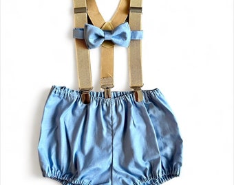 Light Blue Cakesmash Baby Boy’s First Birthday Outfit. Light Blue Cake Smash Outfit. Baby Bloomers Suspenders Bow Tie Outfit.