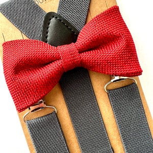 Burgundy/Maroon Burlap Bowtie/Suspenders Set. Dark Grey Elastic Suspenders Set.