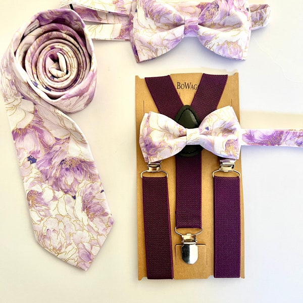 Lilac Purple and Gold Flowers Bow Tie Purple Elastic Suspenders Set, Purple Flowers Bow Tie, Bow Tie, Purple Elastic Suspenders.