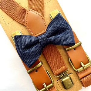 Navy Blue Burlap Bow Tie and Brown Elastic Suspenders  Groomsman/ Ring Bearer 1 inch Kids/Adults
