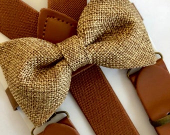 Burlap Brown Bow Tie Elastic Suspenders and Brown Burlap Bow Tie Set Groomsman/ Ring Bearer. Rustic Ring Bearer Suspenders