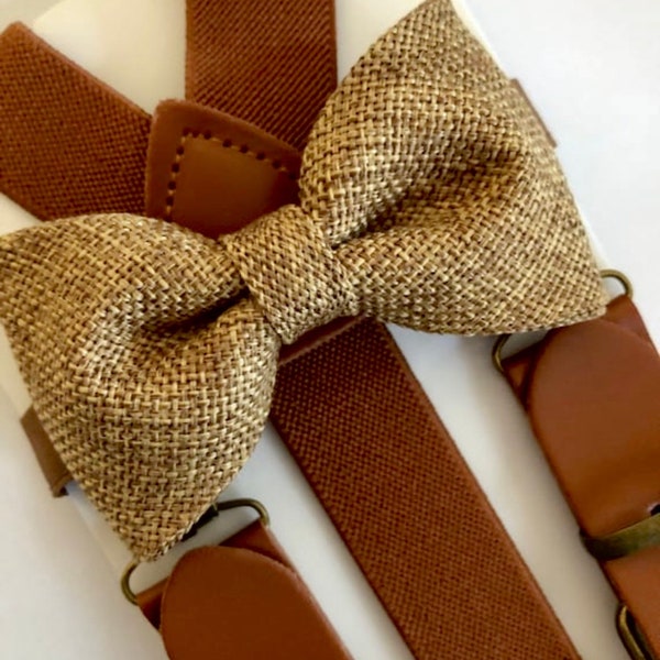 Burlap Brown Bow Tie. Brown Elastic Suspenders and Brown Burlap Bow Tie Set Groomsman/ Ring Bearer 1 inch Kids/Adults. Cognac Suspenders.