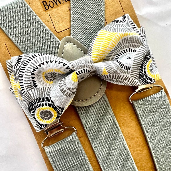 Light Yellow and Grey Bow Tie and Suspenders Sets. Adults/Kids Easter bow tie. Easter Suspenders Set.