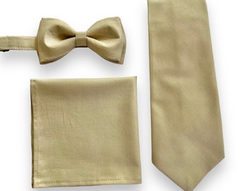 Champagne/gold bow tie and cream/beige suspenders set. Kids/Adults