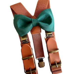 Dark Green Bow Tie and Cognac Suspenders Set Best Man/ Ring Bearer 1 inch Kids/Adults. Juniper Green Bow Tie. Green Tie.