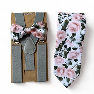 Blush Rose Floral Flowers Bow Tie and Grey Elastic Suspenders. Groomsmen Pink Rose Floral Bow Tie.