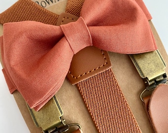 Rusty Rose Bow Tie/Brown Cognac Elastic Suspenders  Set Groomsman/ Ring Bearer 1 inch Kids/Adults. Rusty Bow Tie. Dark Orange Bow tie.