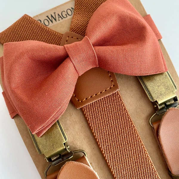 Rusty Rose Bow Tie/Brown Cognac Elastic Suspenders  Set Groomsman/ Ring Bearer 1 inch Kids/Adults. Rusty Bow Tie. Dark Orange Bow tie.