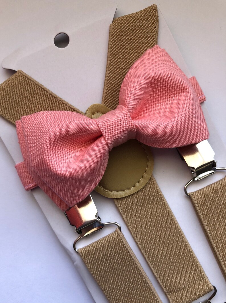 Boys Light Coral Bow Tie and Khaki Suspenders Set. Etsy
