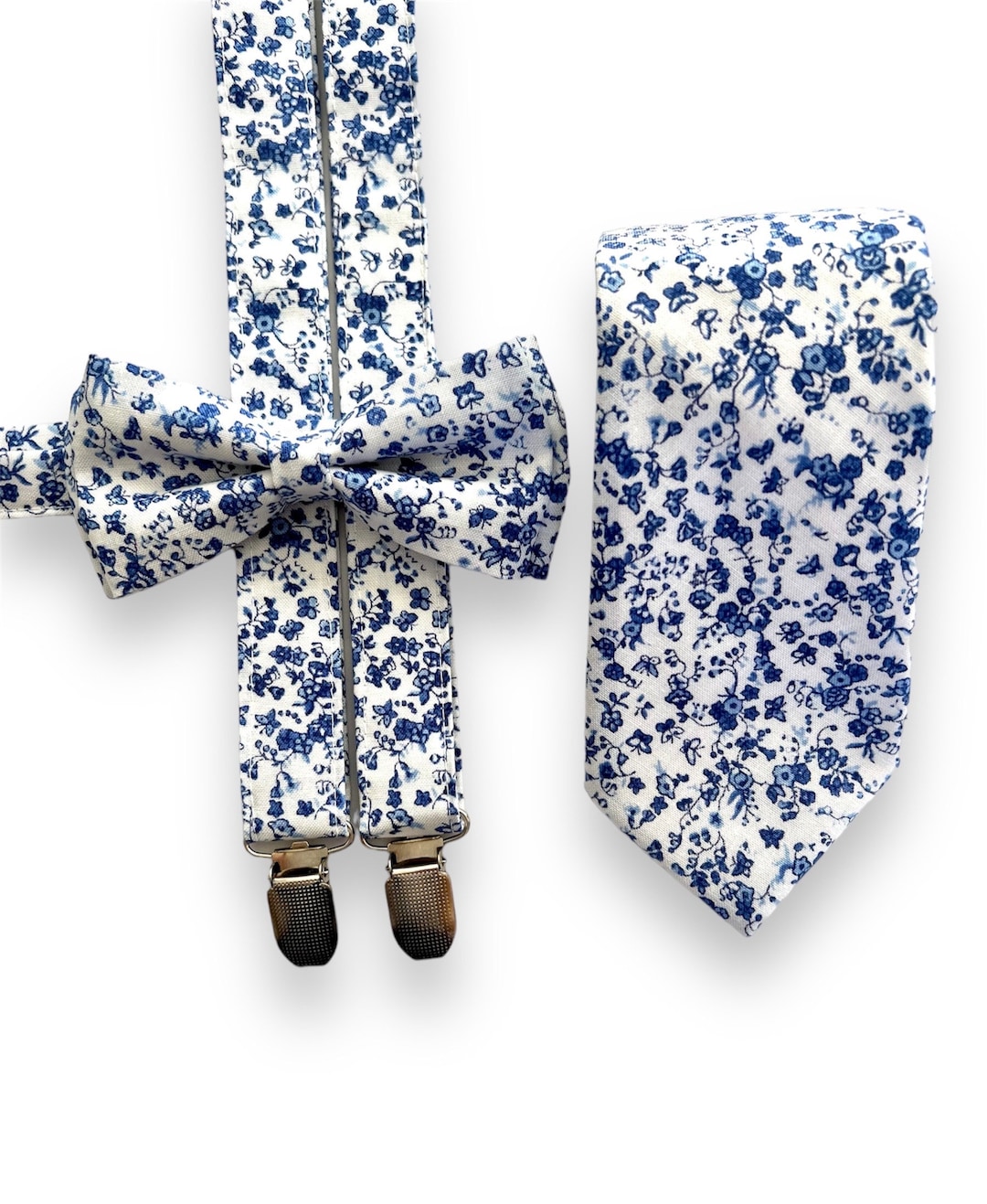 Blue Floral Flowers Suspenders/ Bow Tie Set. Floral Suspenders and Bow