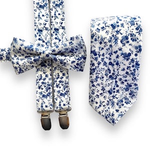 Blue Floral Flowers  Suspenders/ Bow Tie Set. Floral  Suspenders and Bow tie. Adults and Kids Suspenders.