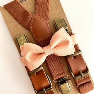 Light Peach Bow Tie and Brown Elastic Suspenders. Groomsmen Peach Bow Tie.