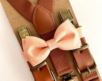Light Peach Bow Tie and Brown Elastic Suspenders. Groomsmen Peach Bow Tie.