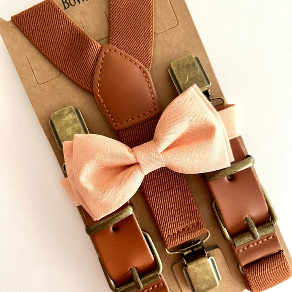 Light Peach Bow Tie and Brown Elastic Suspenders. Groomsmen Peach Bow Tie.