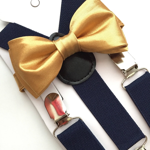 Gold bow tie and Navy Blue Suspenders set. /Adults/ Kids