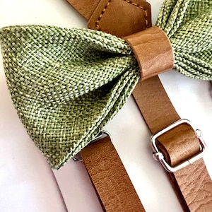 Sage Olive Burlap Bow tie/ Sage Burlap  Bow tie and Tan Leather Suspenders. Olive Bow Tie and Tan Suspenders.