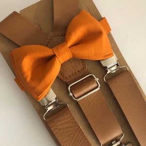 Burnt Orange Thanksgiving Bow Tie Set/ Two Piece Set. Adults/ Kids. Tan Leather Suspenders. image 2