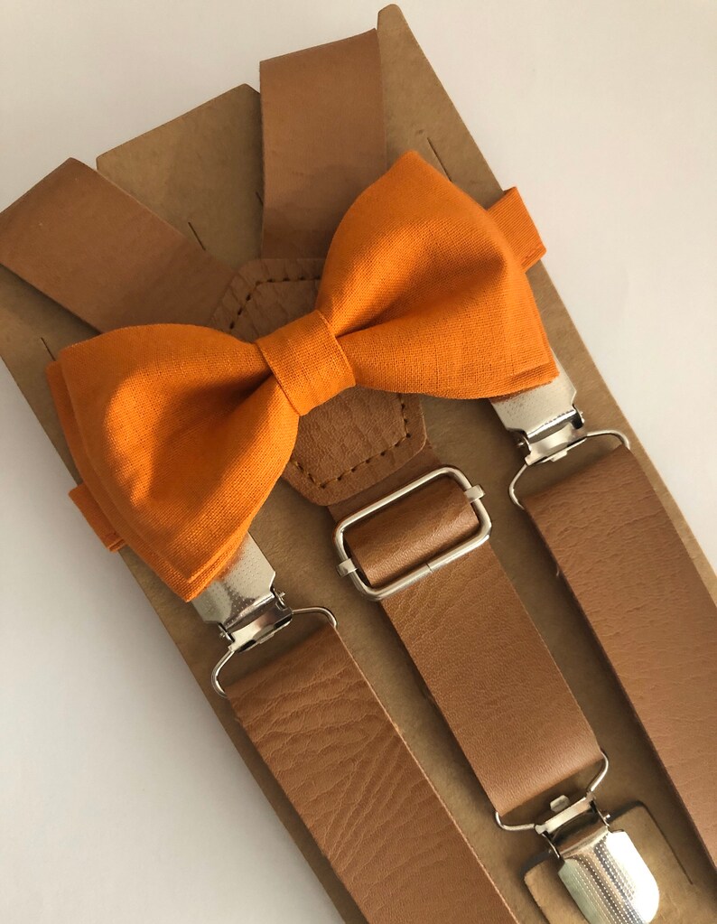 Burnt Orange Thanksgiving Bow Tie Set/ Two Piece Set. Adults/ Kids. Tan Leather Suspenders. image 2