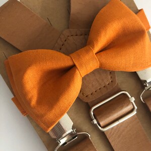 Burnt Orange Thanksgiving Bow Tie Set/ Two Piece Set. Adults/ Kids. Tan Leather Suspenders.