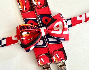 Car Suspenders/ Bow Tie Set. Red Car Bow Tie. Race Car Suspenders.