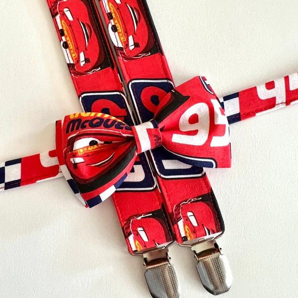 Car Suspenders/ Bow Tie Set. Red Car Bow Tie. Race Car Suspenders.