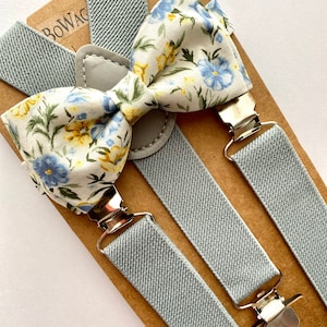 Easter Floral Light Blue Bow Tie and Suspenders Sets. Adults/Kids Easter bow tie. Easter Suspenders Set.