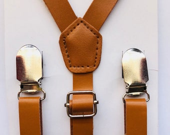 Bretelle in pelle marrone da sposo, bretelle sottili da anello, bambini, adulti