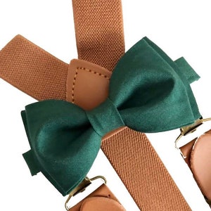 Brown Elastic Suspenders and Dark Green Bow Tie Set Groomsman/ Ring Bearer 1 inch Kids/Adults. Juniper Green Bow Tie.
