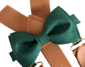Brown Elastic Suspenders and Dark Green Bow Tie Set Groomsman/ Ring Bearer 1 inch Kids/Adults. Juniper Green Bow Tie.