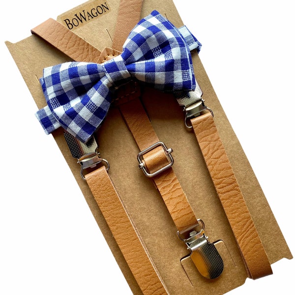 Vintage Tan Skinny Leather Suspenders and Navy Blue Gingham Bow Tie Set/ Two Piece Set. Kids/Adults