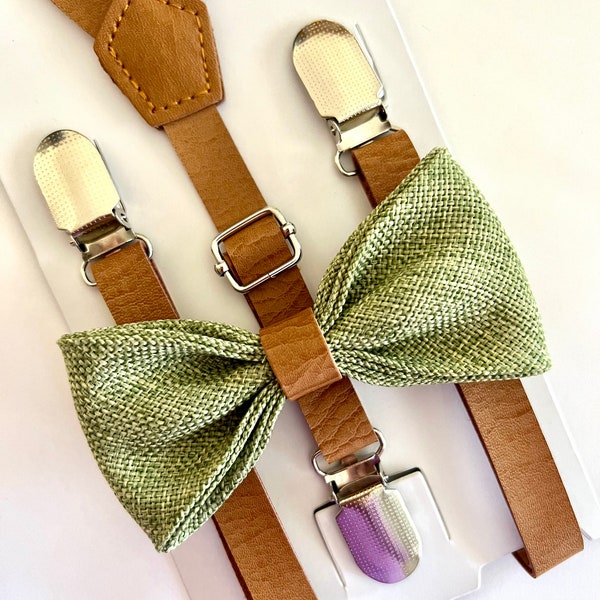 Olive Burlap Bow tie/ Sage Burlap  Bow tie and Tan Leather Suspenders. Olive Bow Tie and Tan Suspenders.