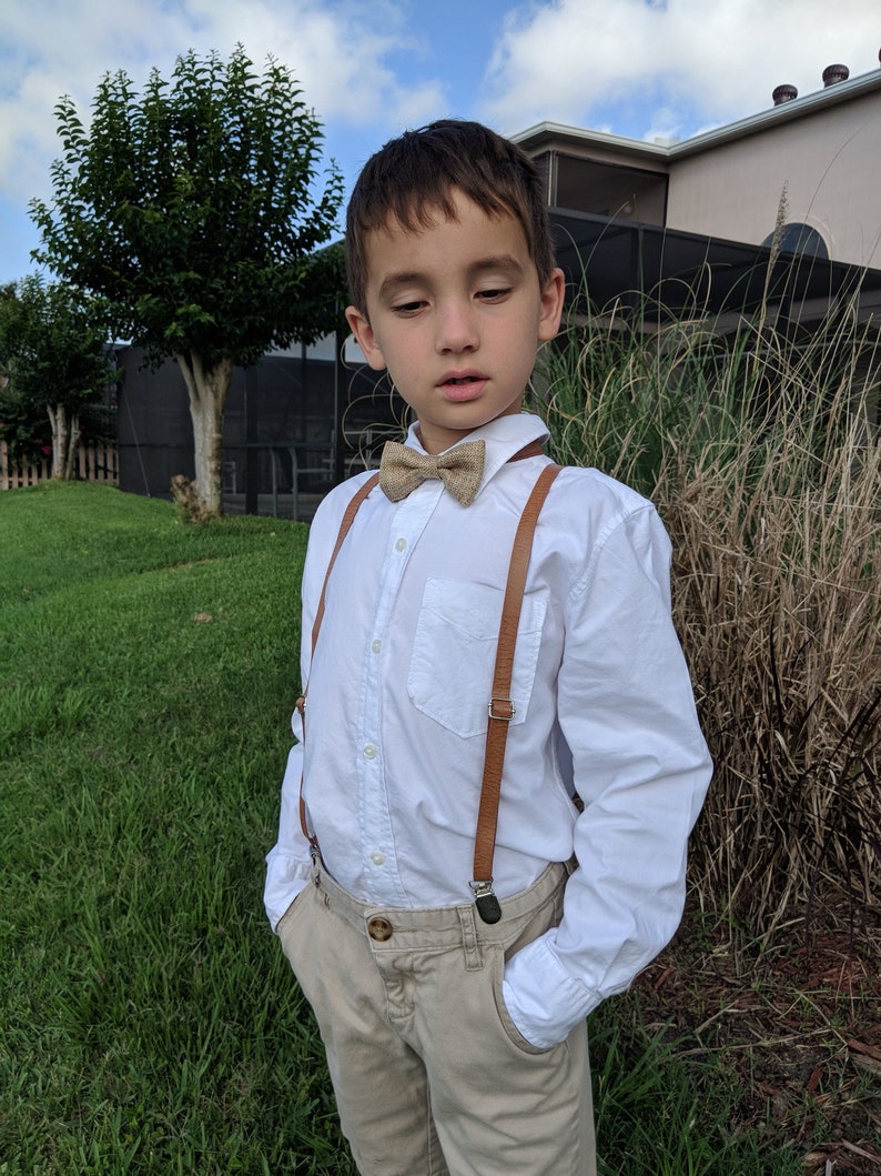 Vintage Tan Leather Suspenders and Brown Burlap Bow Tie Set Two Piece Set KidsAdults