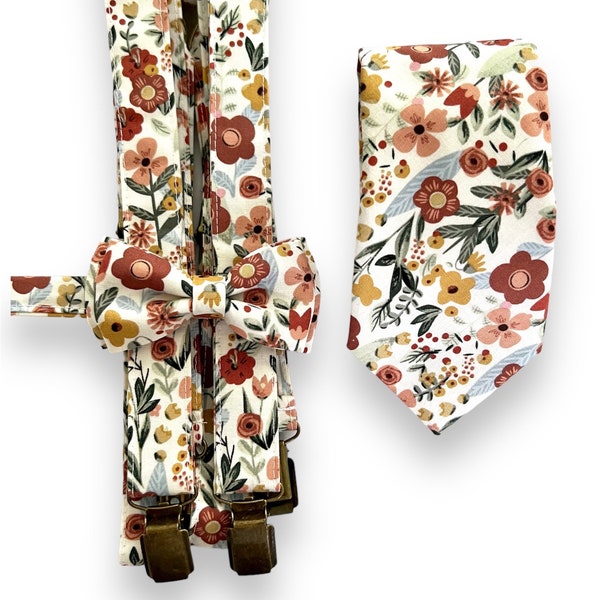 Floral Brown/Green  Suspenders/ Bow Tie Set. Floral Autumn Suspenders and Bow tie. Adults and Kids Suspenders.