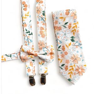 Floral Peach Spring  Suspenders/ Bow Tie Set. Floral Light Orange Suspenders and Bow tie. Adults and Kids Suspenders.