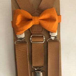 Burnt Orange Thanksgiving Bow Tie Set/ Two Piece Set. Adults/ Kids. Tan Leather Suspenders. image 6