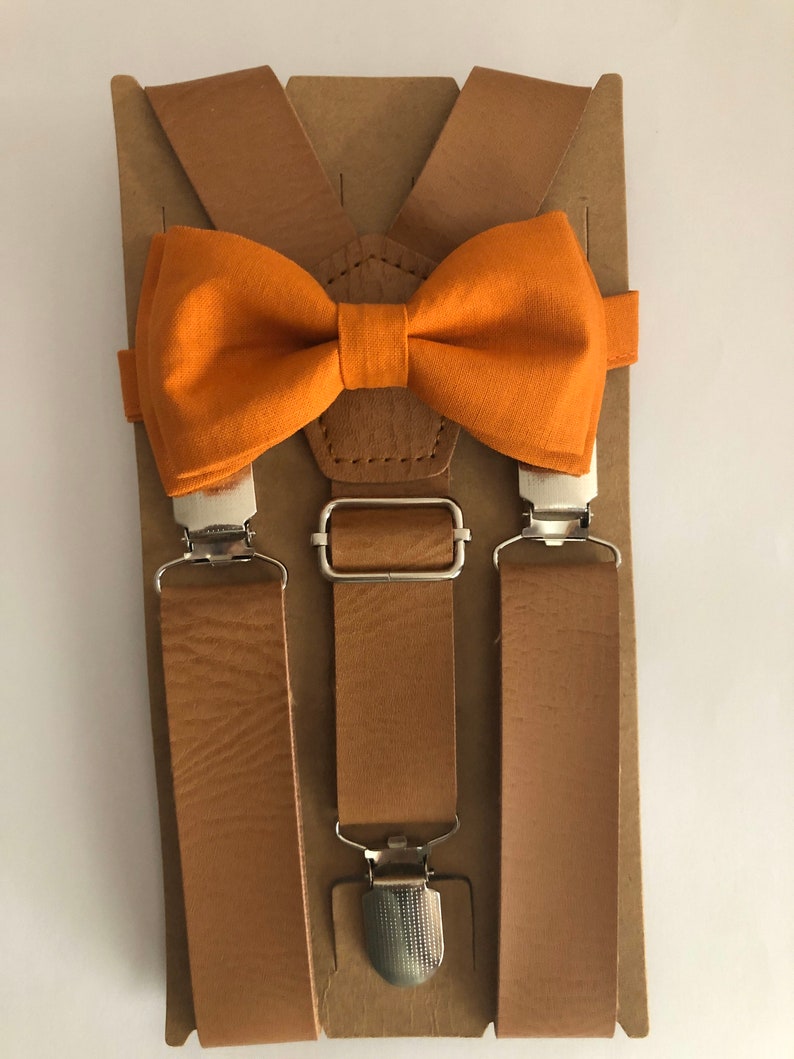 Burnt Orange Thanksgiving Bow Tie Set/ Two Piece Set. Adults/ Kids. Tan Leather Suspenders. image 6