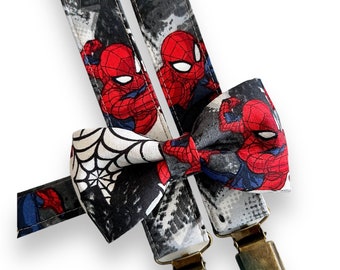 Bretelle e papillon di Spider-Man. Papillon da supereroe per bambini. Bretelle da supereroe.