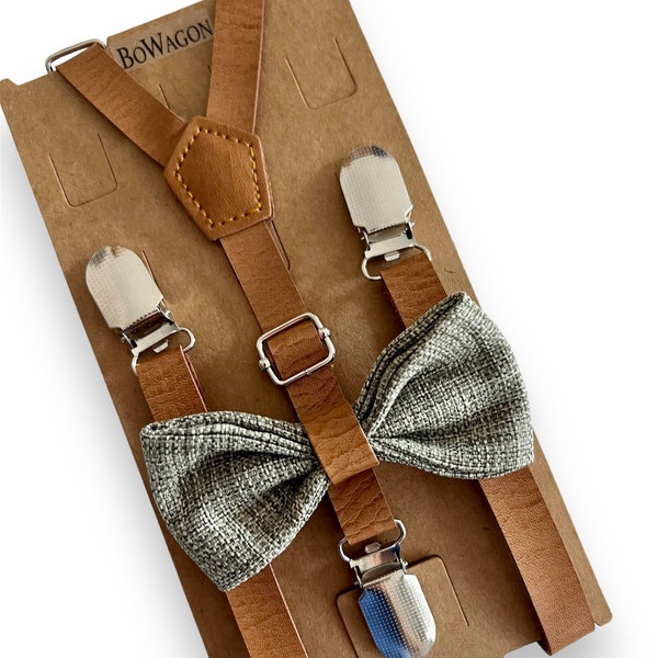 Olive Burlap Bow tie/ Sage Green Burlap  Bow tie and Tan Leather Suspenders. Olive Bow Tie and Tan Suspenders.