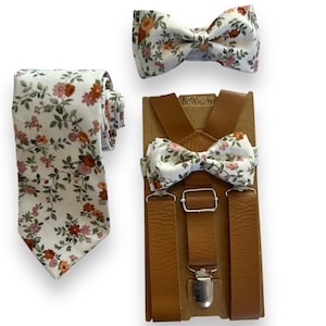 Floral Brown Green Flowers Bow Tie and Tan Leather Suspenders. Groomsmen Floral Bow Tie. Floral Necktie. Floral Wedding.