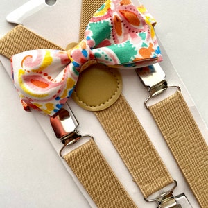 Easter Floral Pink Orange Bow Tie and Suspenders Sets. Adults/Kids Floral Easter bow tie. Easter Suspenders Set. Beige Suspenders Set.